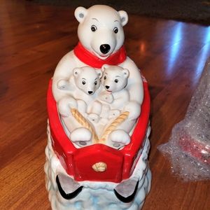 Vintage Coca Cola Gibson Sledding Polar Bear Family Cookie Jar